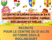 LE CENTRE DE LOISIRS (enfants de 3 à 14 ans) RECRUTE POUR LE CENTRE DU 21 AU 25 OCTOBRE 2024 À ROCLINCOURT